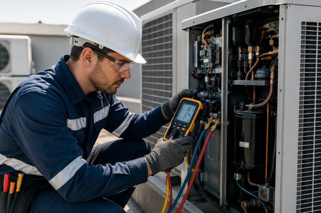 Técnico de CIFUENTÉRMICA diagnosticando una unidad de aire acondicionado con manifold digital